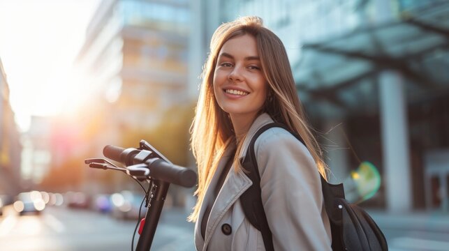 Smiling young businesswoman standing with electric scooter generative ai