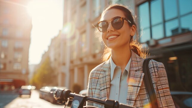 Smiling young businesswoman standing with electric scooter generative ai