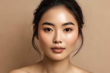 Naklejka premium Beautiful young Asian woman with clean fresh skin, on beige background with copy space, facial treatment, facial care. Cosmetology, beauty and spa. Asian woman portrait
