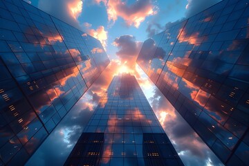 Looking up at the cloudy glass building - obrazy, fototapety, plakaty