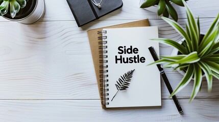 Side hustle text on notepad on a workdesk with office tools near. - obrazy, fototapety, plakaty