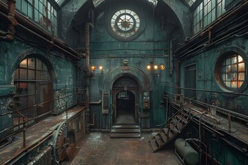 Fototapeta premium An eerie and dark atmosphere inside an old, decaying building.