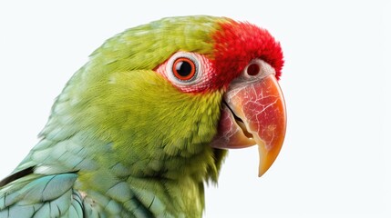 Parrot with red beak and yellow eyes on a gray background