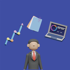 Business icons are floating above head concept. Realistic 3d object cartoon style.