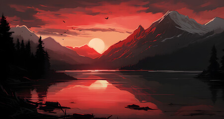 the sun is rising over the mountain lake - Powered by Adobe