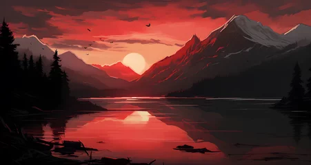 Fotobehang the sun is rising over the mountain lake © Samuel