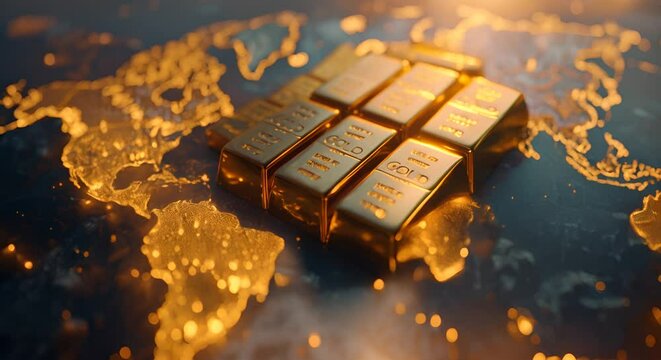 Gold bars with a world map background symbolizing global wealth