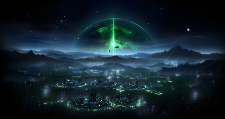 Fototapeta na wymiar a futuristic alien landscape with an alien planet