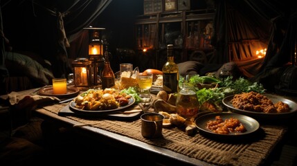 Foamy beer. Two beer glasses and grilled meat on the wooden table.