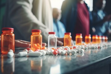 Pharmaceutical pills on floor. Prescription opioids, with bottle of many pills on the table. Concept of addiction, opioid crisis, overdose and medicine shopping. Generative AI.