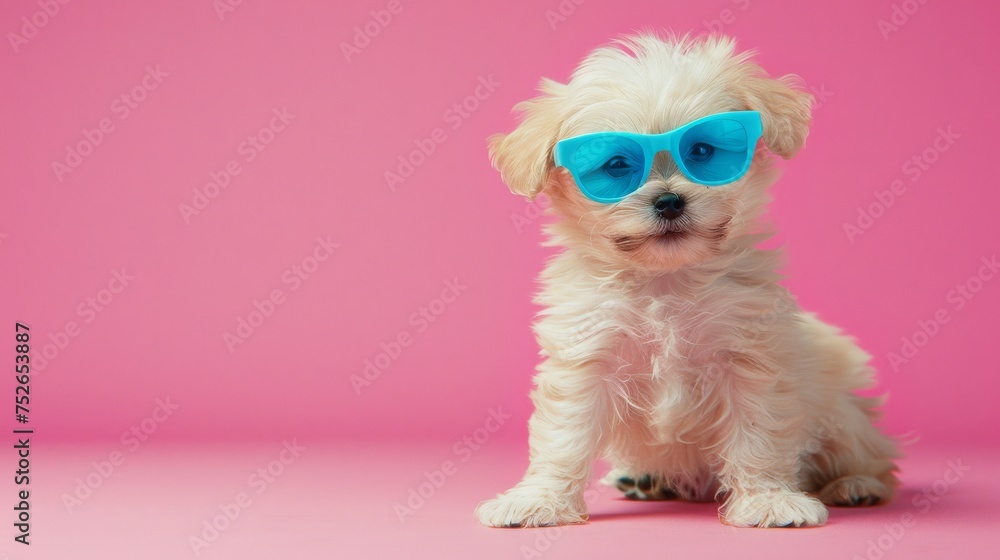 Poster adorable puppy wearing glasses in front of studio background with copy space for text placement