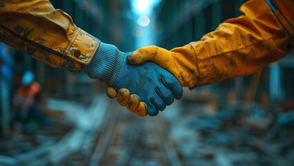 Two people shaking hands in a dirty industrial setting. Construction worker team shaking hands and making agreement at construction site.