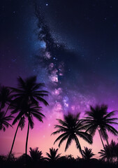 Fototapeta na wymiar Milkyway galaxy embracing the night sky, stars twinkling through the silhouetted fronds of coconut trees.