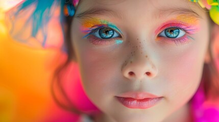 Close-up, Portrait of fashionable child model with fantasy makeup for cosmetics advertising