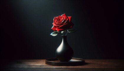 A single red rose in a black vase on a dark wooden surface. - obrazy, fototapety, plakaty