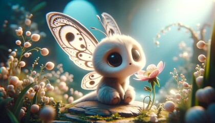 A whimsical animated art image, in a 16_9 ratio, of a tiny, curious creature with butterfly wings sitting on a blooming flower.