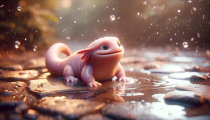 A whimsical animated art image, in a 16_9 ratio, of a chubby, pink salamander-like animal playing in a puddle after the rain.