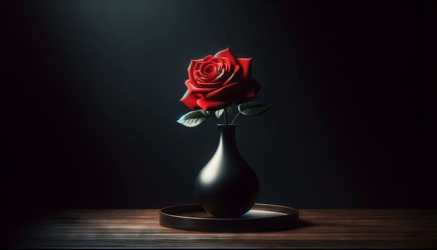 A single red rose in a black vase on a dark wooden surface.