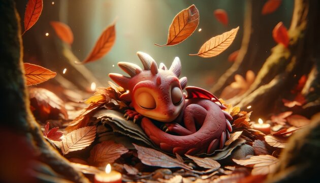 A whimsical animated art image, in a 16_9 ratio, of a small, red dragon curled up sleeping on a pile of autumn leaves.