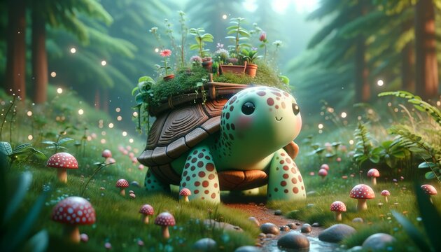 A whimsical animated art image, in a 16_9 ratio, of a whimsical, spotted turtle with a small garden on its shell, wandering through a lush meadow.