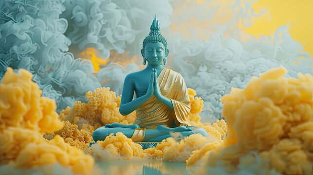beautiful 3D image of a thai buddha The attitude of meditation,palm facing out, on golden cloud, in the style of sketchfab, detailed character illustrations, copy space - generative ai
