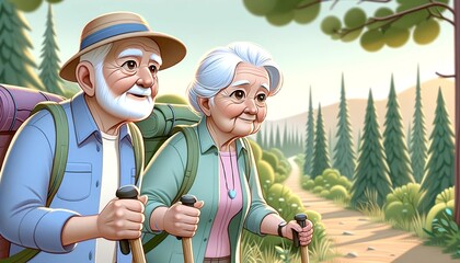 An elderly couple taking a gentle hike in a scenic nature trail, equipped with walking sticks, depicted in a whimsical animated art style.