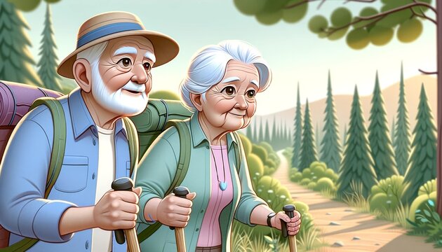 An elderly couple taking a gentle hike in a scenic nature trail, equipped with walking sticks, depicted in a whimsical animated art style.