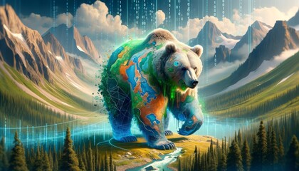 A detailed and high-quality whimsical animated art scene featuring a bear with a body that morphs into 3D topographic maps and geological data.