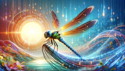 A detailed and high-quality whimsical animated art scene featuring a dragonfly with wings that resemble solar panels. - obrazy, fototapety, plakaty