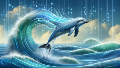 A whimsical animated art scene featuring a dolphin leaping out of digital waves.