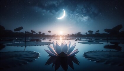 Fototapeta na wymiar A single lotus flower under a starry sky with a crescent moon.