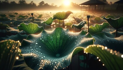 Dewdrops on lotus leaves under the early morning sun. - obrazy, fototapety, plakaty