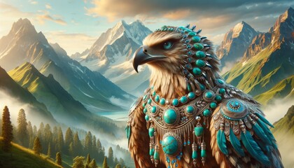 A majestic eagle adorned with turquoise and silver jewelry, set against a backdrop of mountains. - obrazy, fototapety, plakaty