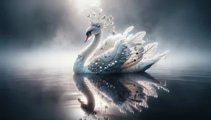 Schilderijen op glas A serene swan with feathers decorated with pearls and crystals, floating on a misty lake. © FantasyLand86