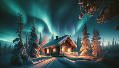 A serene winter scene featuring a rustic wooden cabin with snow on the roof and surrounding pines, illuminated by the ethereal glow of the northern li.
