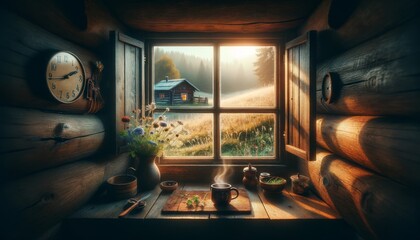 A detailed image capturing the quiet moment of a window of a cozy cabin, with a warm, inviting light shining from inside.