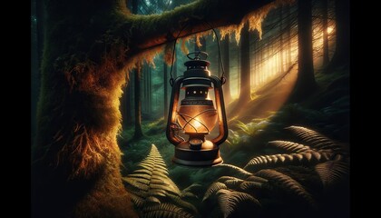 A close-up image of a lantern hanging from a tree branch, casting a warm, inviting glow in a dark, enchanted forest.