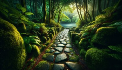 A close-up image of a stone pathway leading through a lush, dense forest towards a hidden lake, creating a sense of mystery and exploration.