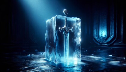 A crystal sword frozen within a block of ice, illuminated by a soft blue light from within.