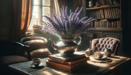 A bouquet of lavender in a vintage silver teapot, placed on a stack of old books.