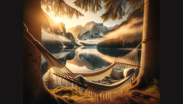 A serene and peaceful image of a hammock strung between two trees, overlooking a serene mountain lake at sunrise.