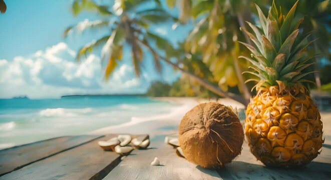 Pineapple and coconut with a serene beach and palm trees background