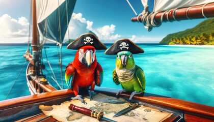 Two parrots with small pirate hats on a boat with the Caribbean Sea in the background.