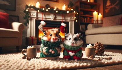 A couple of hamsters in tiny sweaters in front of a cozy fireplace. - obrazy, fototapety, plakaty