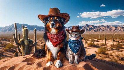 A dog and a cat wearing cowboy hats and bandanas in front of a desert landscape.