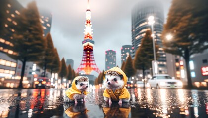 Two hedgehogs wearing tiny raincoats in front of the Tokyo Tower on a rainy day.