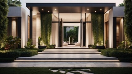 Fototapeta na wymiar Stunning entrance of your modern villa, featuring sleek Italian architecture, a cascading waterfall, and lush greenery leading up to the front door