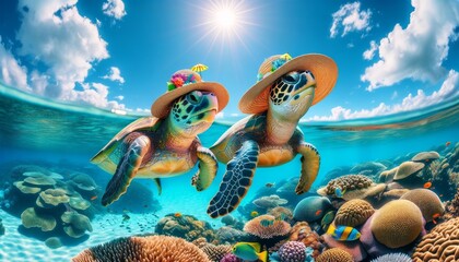 Two turtles with sun hats by the Great Barrier Reef.