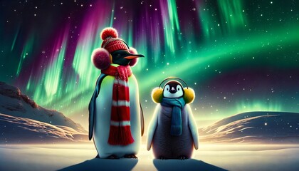 Two penguins in scarves and earmuffs in front of the Northern Lights.