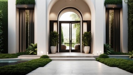 Fototapeta na wymiar Stunning entrance of your modern villa, featuring sleek Italian architecture, a cascading waterfall, and lush greenery leading up to the front door